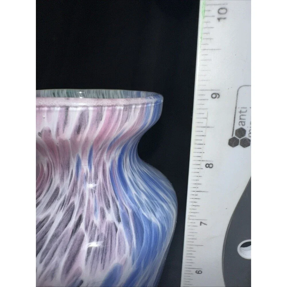 Art Glass Vase Swirl Splat Green Pink Blue White Flare Neck 9” Hand Blown